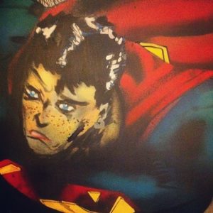 Sad and anxious superman flying through the air