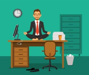 Cartoon version of man sitting in a yoga pose on top of his desk.
