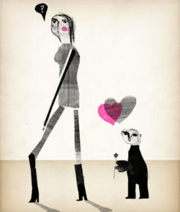 Cartoon image of tiny male with rose wooing an extremely tall woman with her back turned on him. 